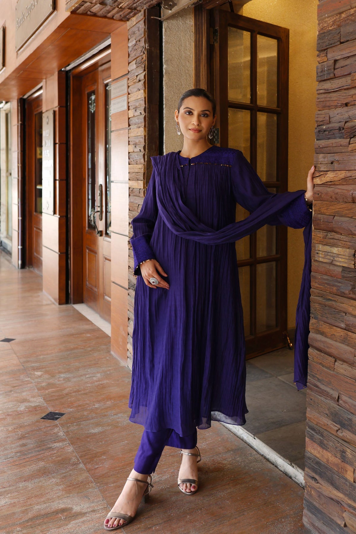 Royal-Blue Embroidered Pure Silk-Cotton Kurta- Pants Set With Hand Embellished Sequins And Front Yoke Gathers