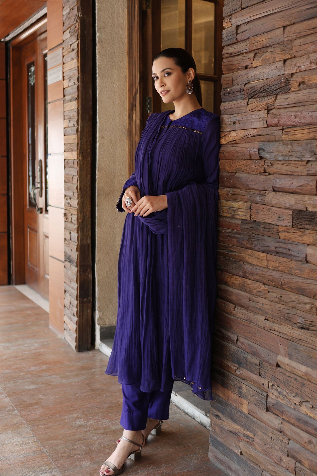 Royal-Blue Embroidered Pure Silk-Cotton Kurta- Pants Set With Hand Embellished Sequins And Front Yoke Gathers