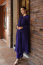 Royal-Blue Embroidered Pure Silk-Cotton Kurta- Pants Set With Hand Embellished Sequins And Front Yoke Gathers
