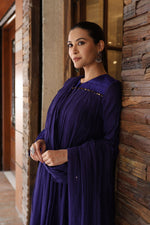 Royal-Blue Embroidered Pure Silk-Cotton Kurta- Pants Set With Hand Embellished Sequins And Front Yoke Gathers