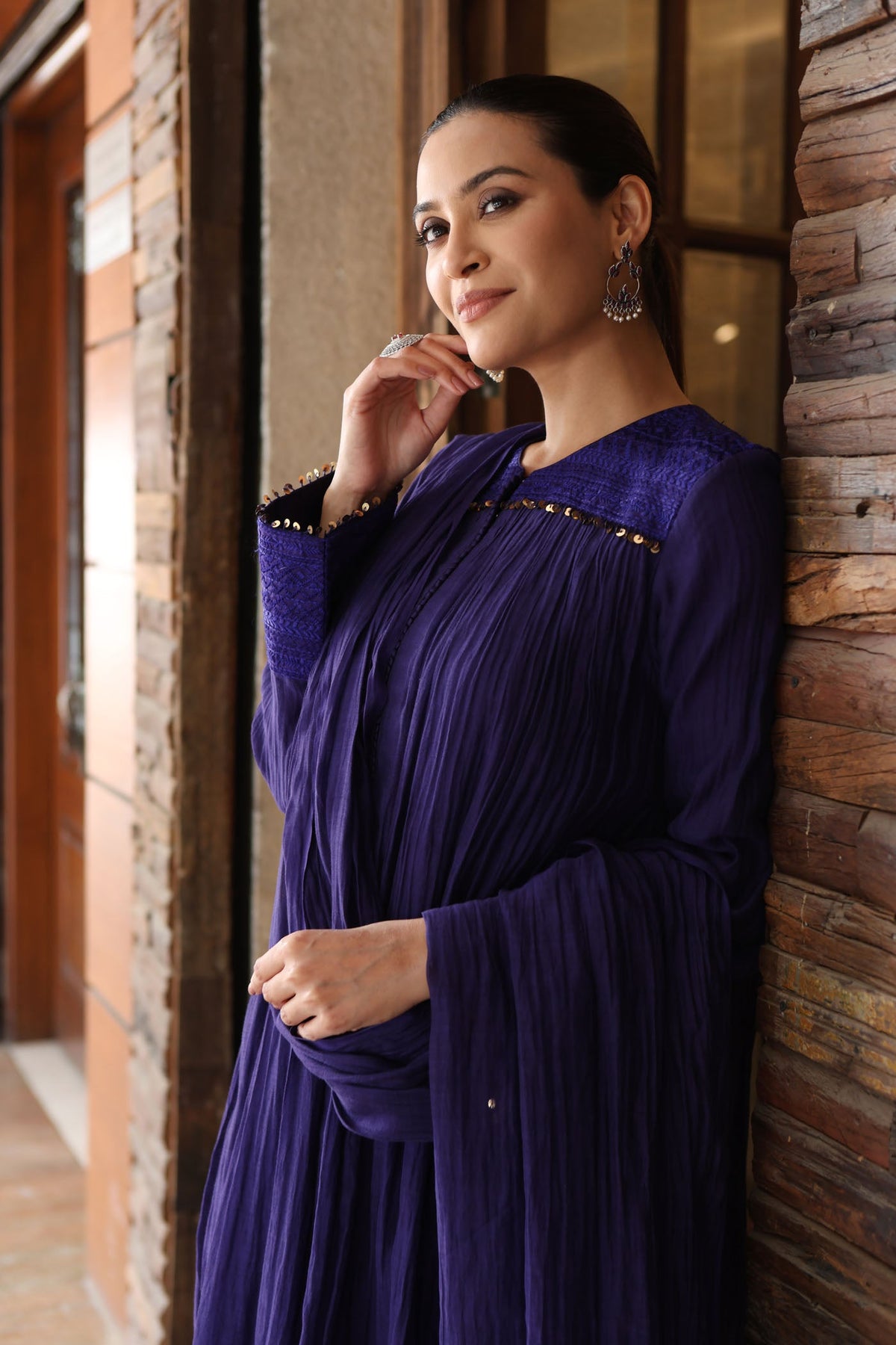 Royal-Blue Embroidered Pure Silk-Cotton Kurta- Pants Set With Hand Embellished Sequins And Front Yoke Gathers