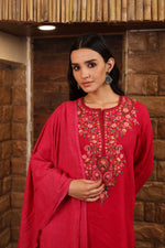 Rani-Pink Pure Linen Short-Kurta Salwar Set With Multicoloured Thread Embroidery