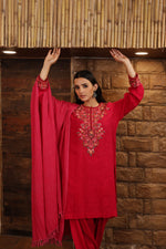 Rani-Pink Pure Linen Short-Kurta Salwar Set With Multicoloured Thread Embroidery