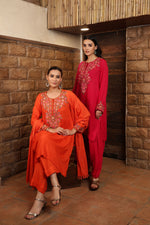 Rani-Pink Pure Linen Short-Kurta Salwar Set With Multicoloured Thread Embroidery