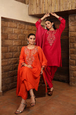 Red-Orange Pure Linen Short-Kurta Salwar Set With Multicoloured Thread Embroidery