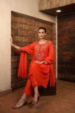 Red-Orange Pure Linen Short-Kurta Salwar Set With Multicoloured Thread Embroidery