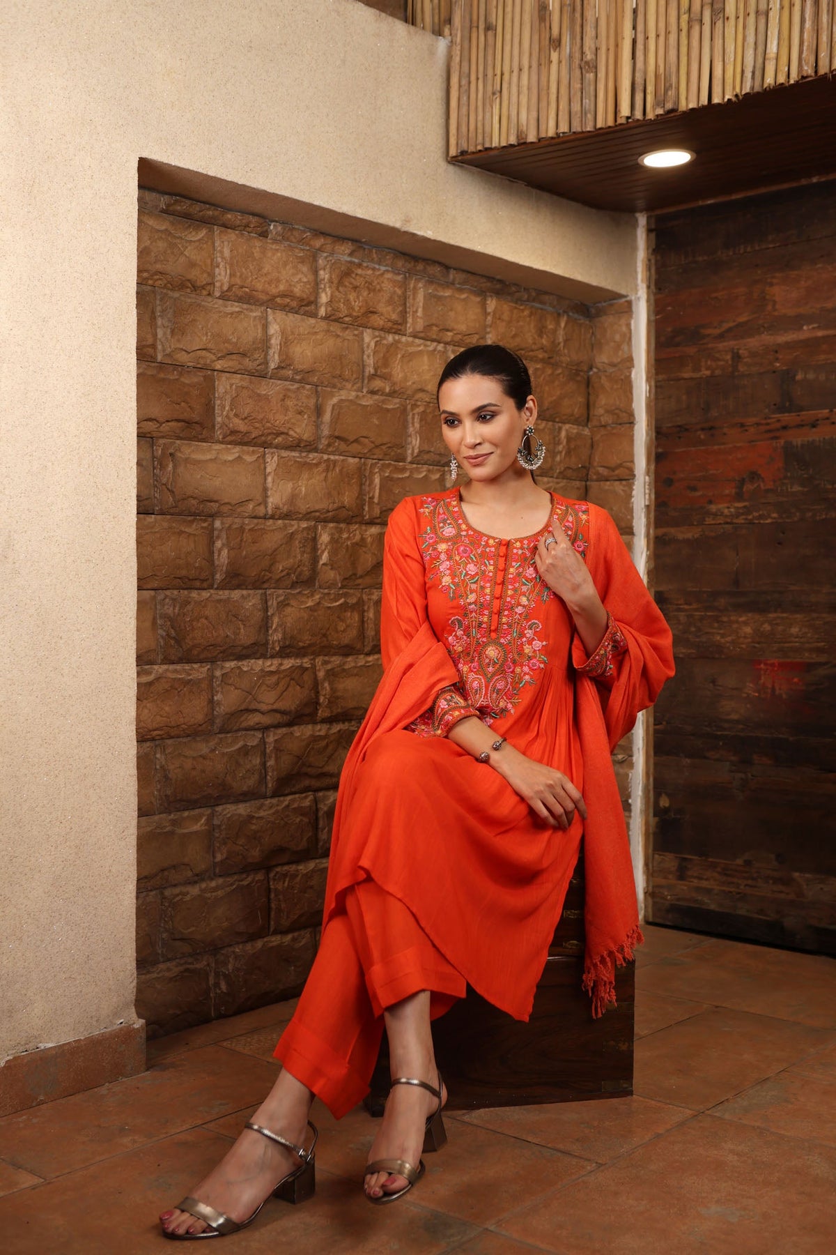 Red-Orange Pure Linen Short-Kurta Salwar Set With Multicoloured Thread Embroidery