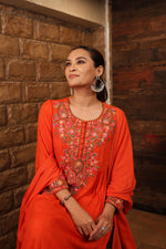 Red-Orange Pure Linen Short-Kurta Salwar Set With Multicoloured Thread Embroidery