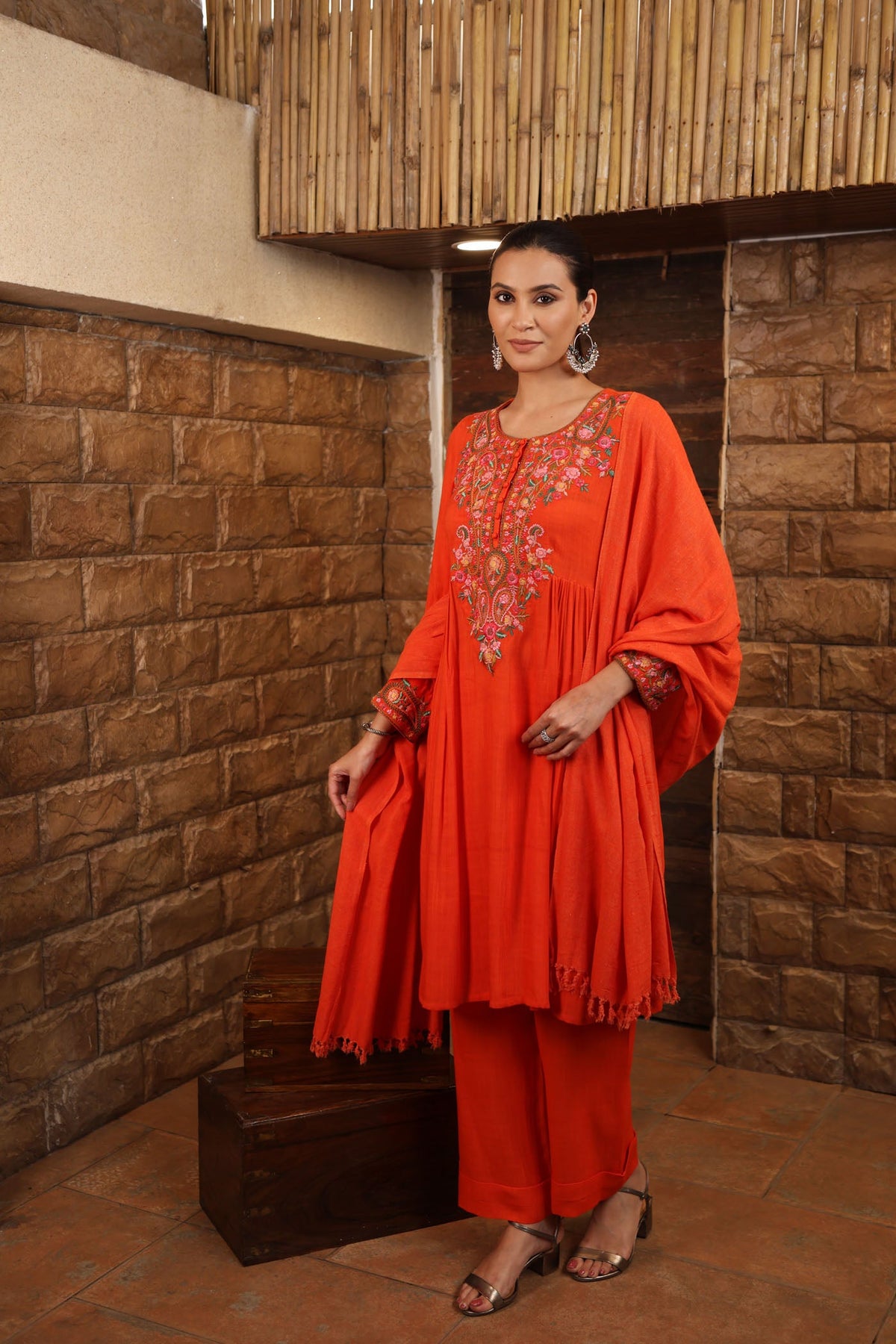 Red-Orange Pure Linen Short-Kurta Salwar Set With Multicoloured Thread Embroidery