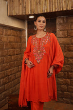 Red-Orange Pure Linen Short-Kurta Salwar Set With Multicoloured Thread Embroidery