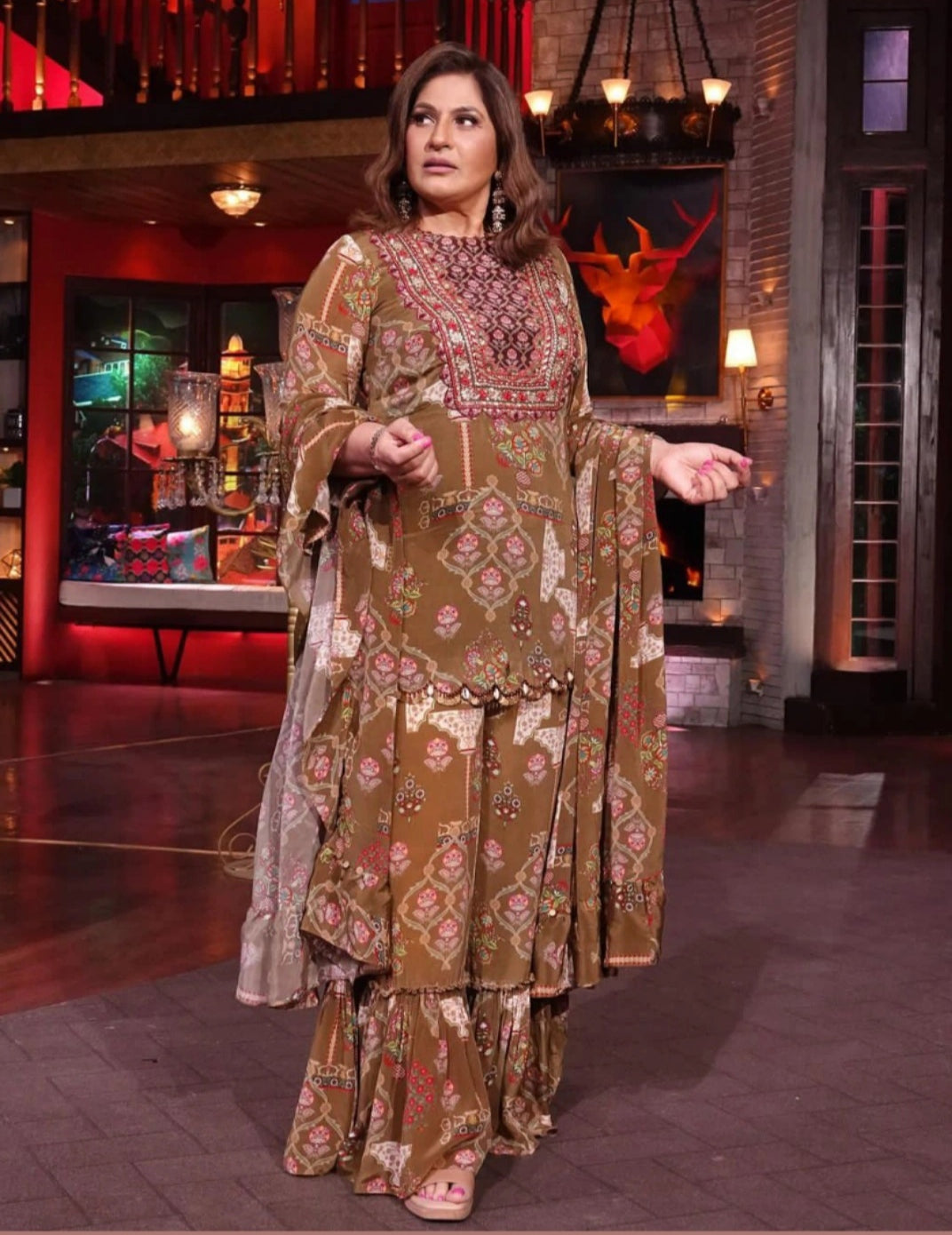 Green short Kurta with flairsleeves & sharara pant with dupatta