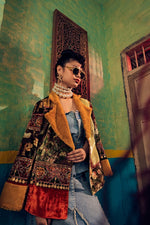 Beige green bird shortvelvetjacket mustard fur