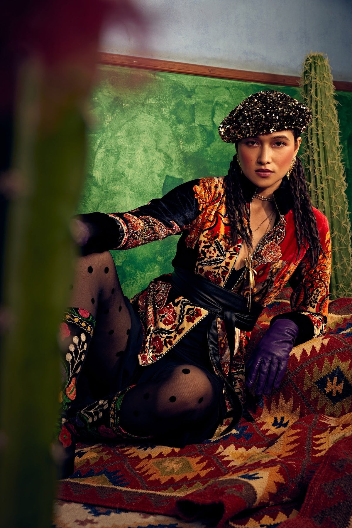 Red black velvet shortfur jacket+ belt