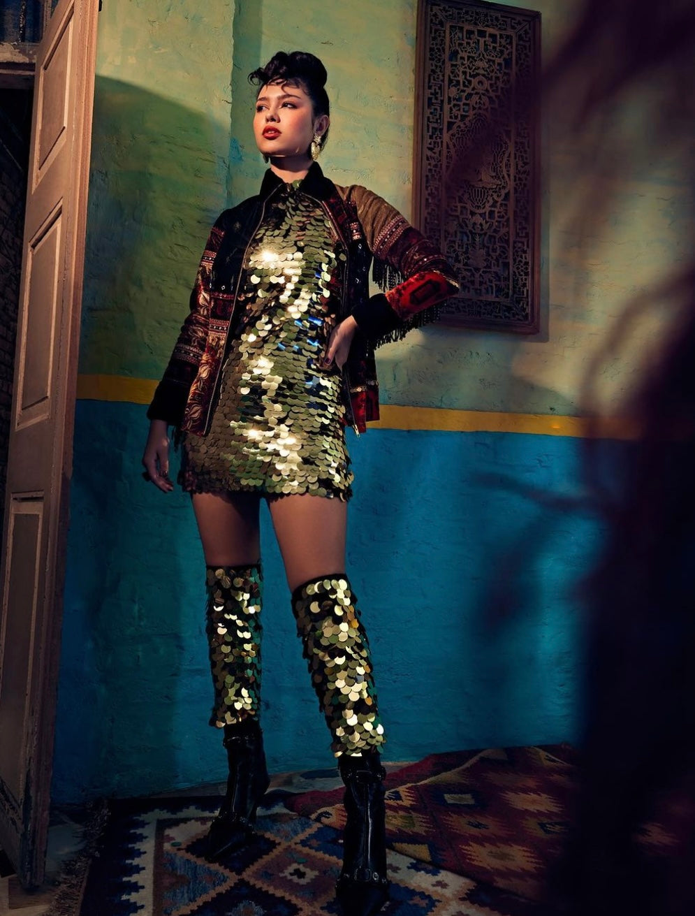 Black Short jacket with bandhani knots.