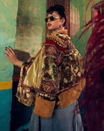 Beige green bird shortvelvetjacket mustard fur