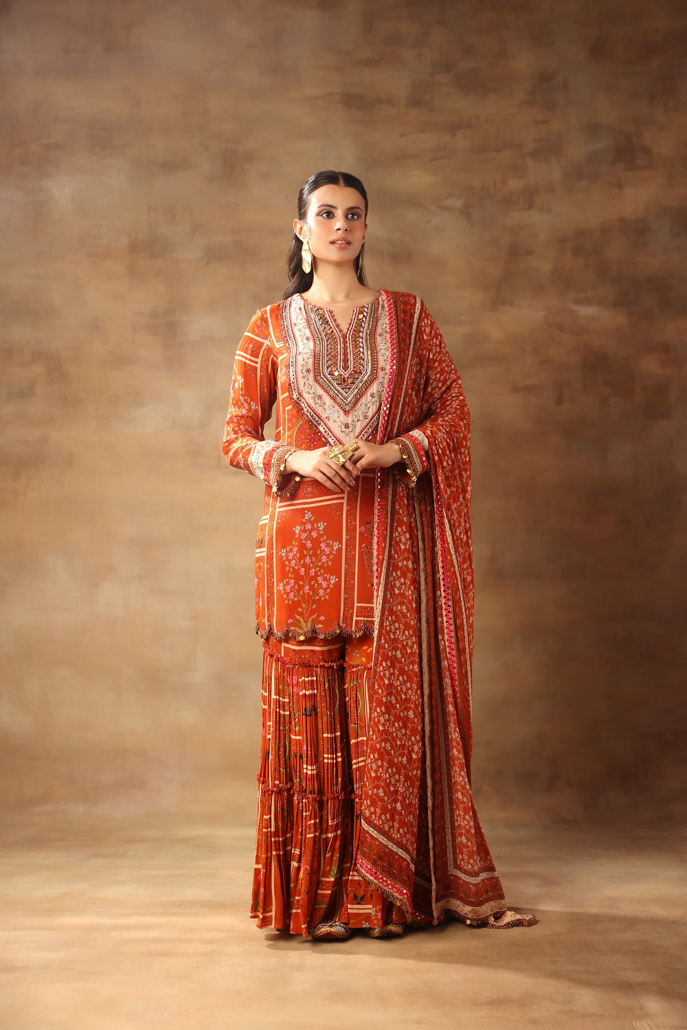 Rust Kurta With Scallop Pant and Dupatta
