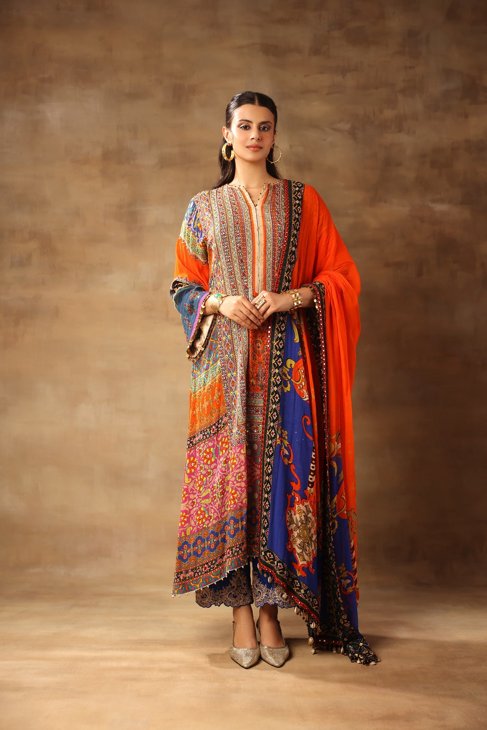 Orange Blue A-line Heavy Kurta Set