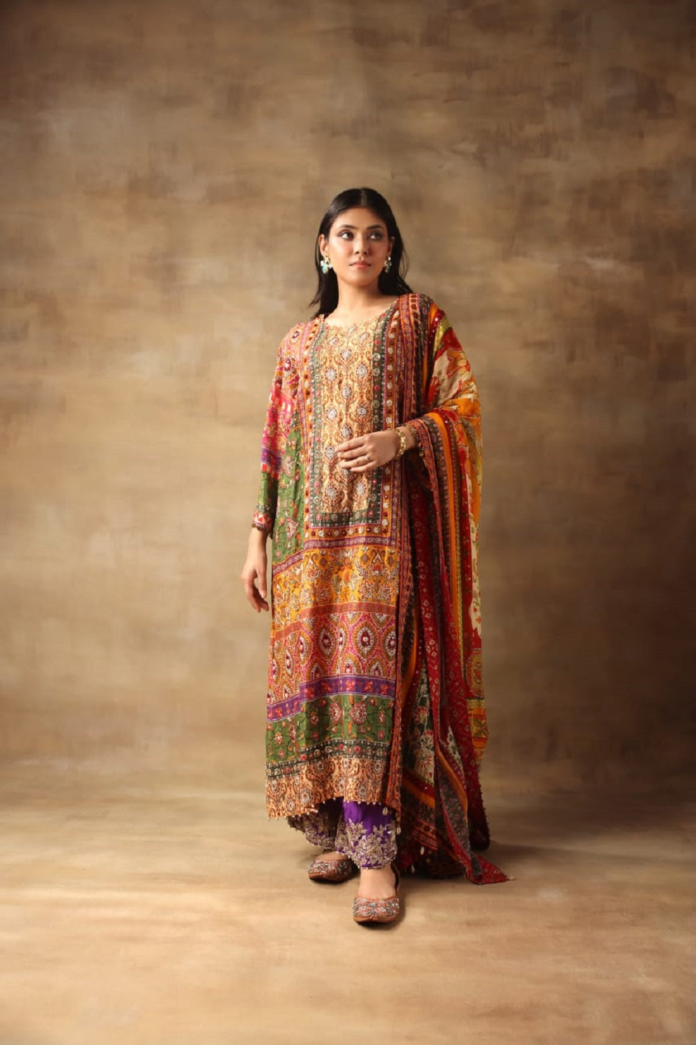 Long Neck Heavy Kurta With Dupatta And Purple Pant