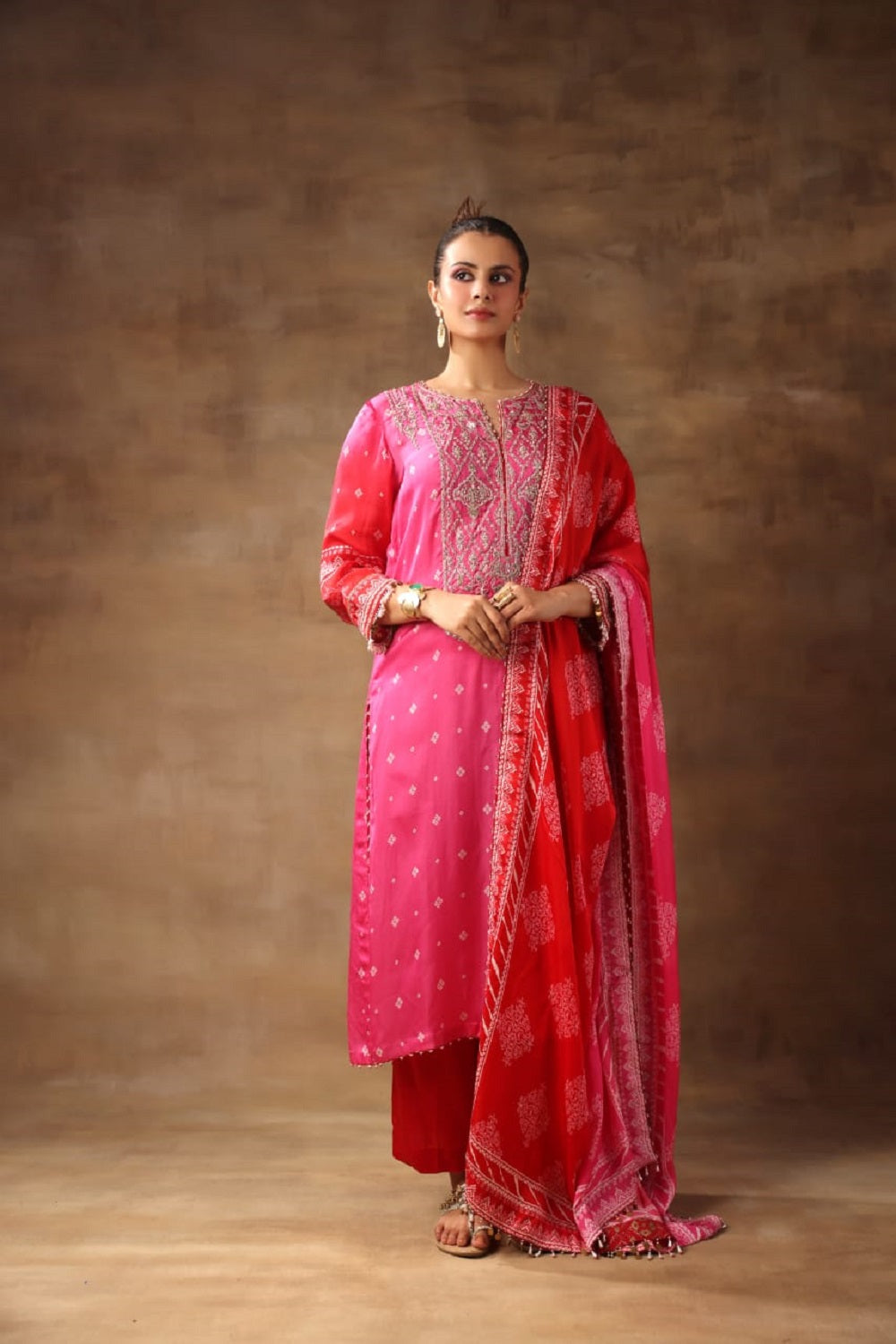 Pink Red Ombre Kurta Set.