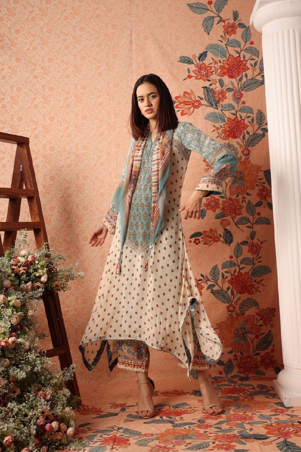 Asymmetrical Kurta with Pant and Scarf