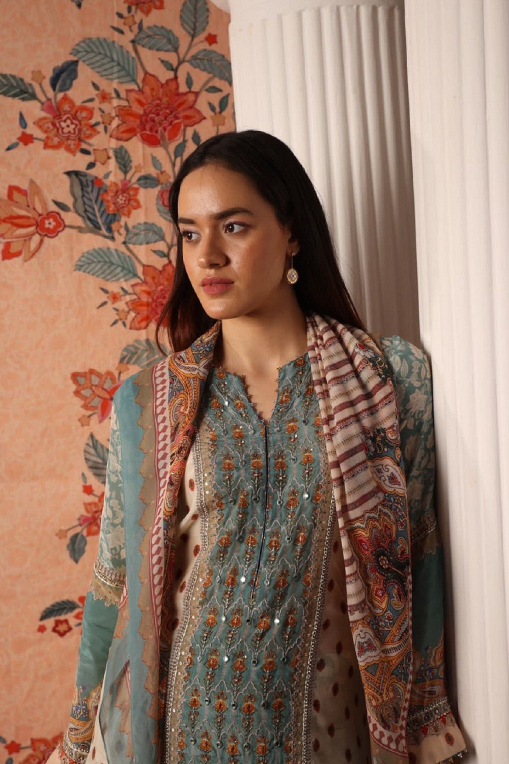 Asymmetrical Kurta with Pant and Scarf