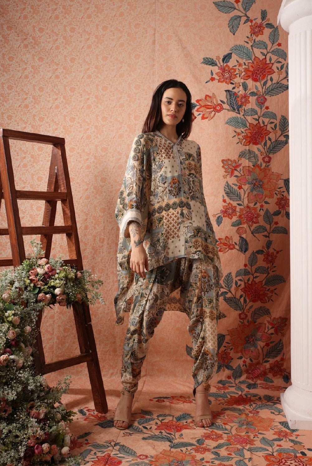 Green printed oversized kaftan shirt with dhoti