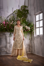 CREAM GOTA KURTA LONG WITH SHARARA AND YELLOW CREAM DUPATTA PARISAA