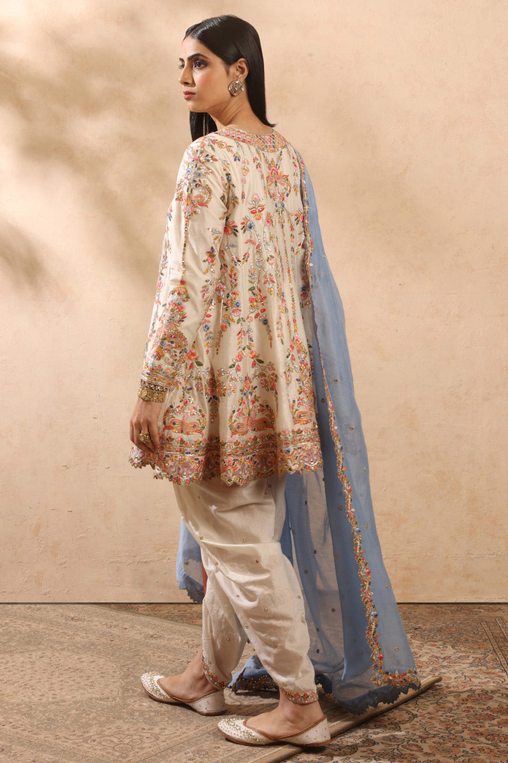 Ivory & English Blue Kali Kurta And Dhoti Set