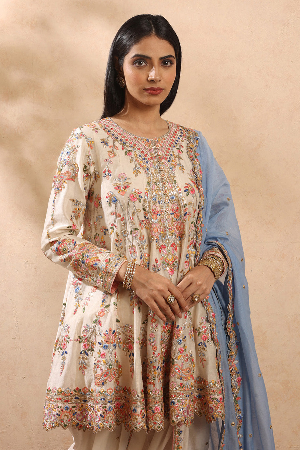 Ivory & English Blue Kali Kurta And Dhoti Set