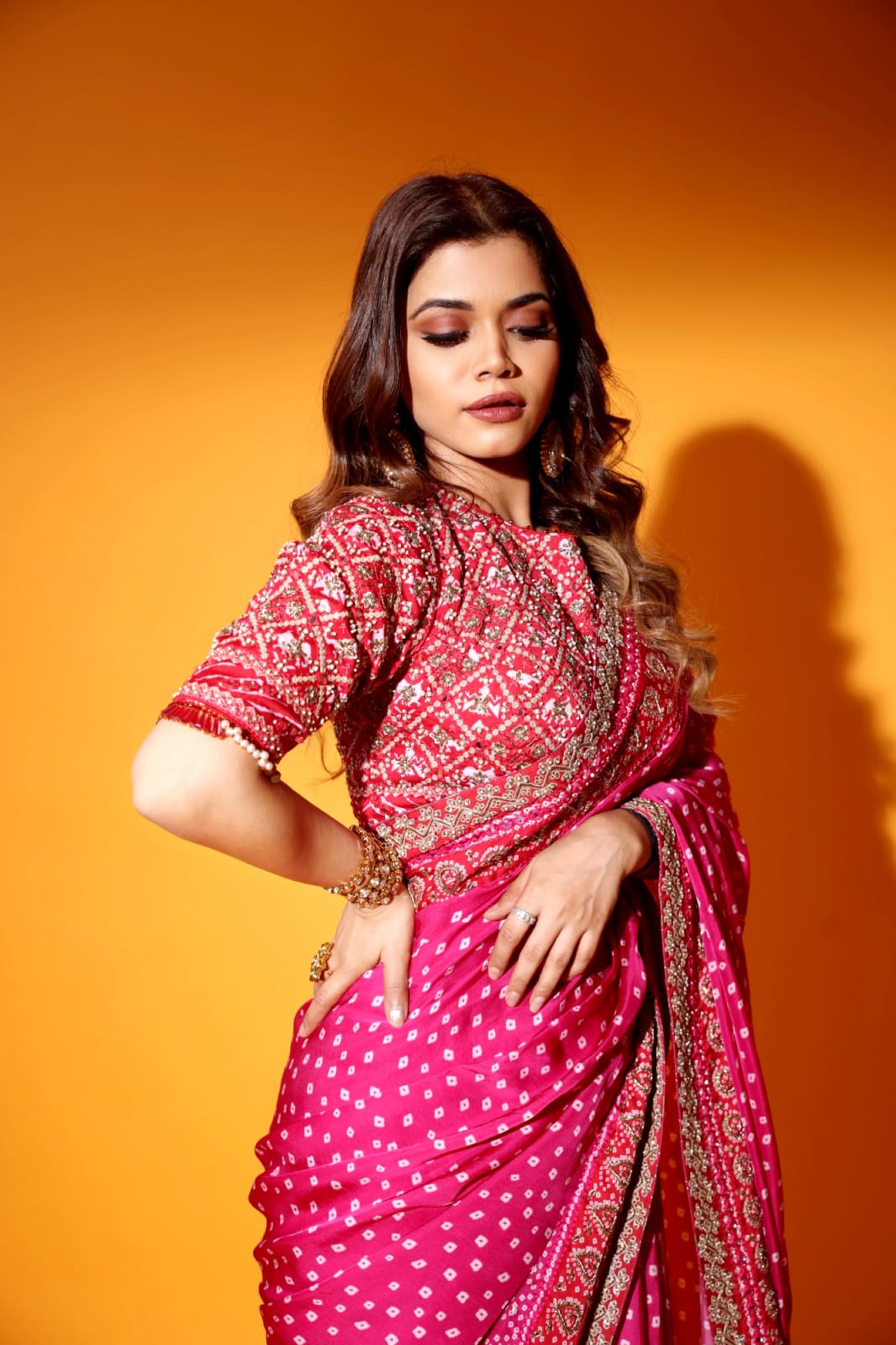 Red and hot pink saree heavy