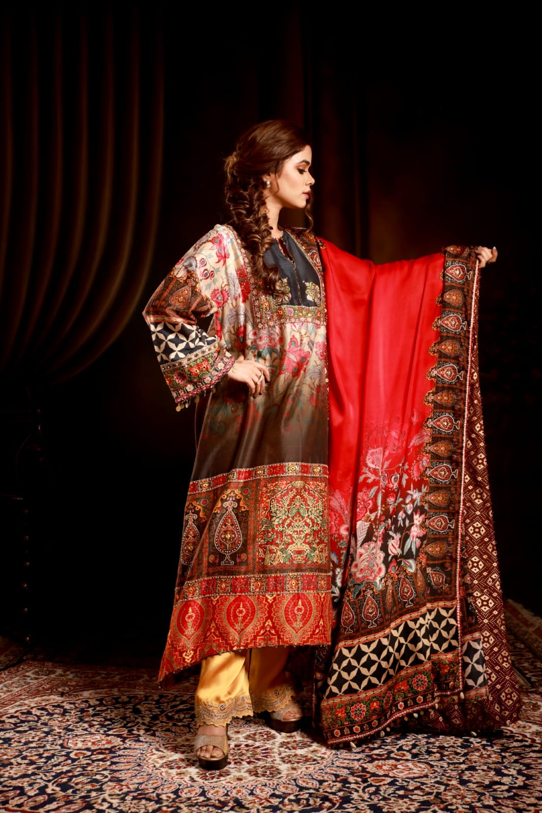 Fawmblack & orang kurta with red satin dupatta &wine pant jaal