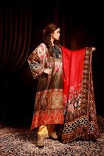 Fawmblack & orang kurta with red satin dupatta &wine pant jaal
