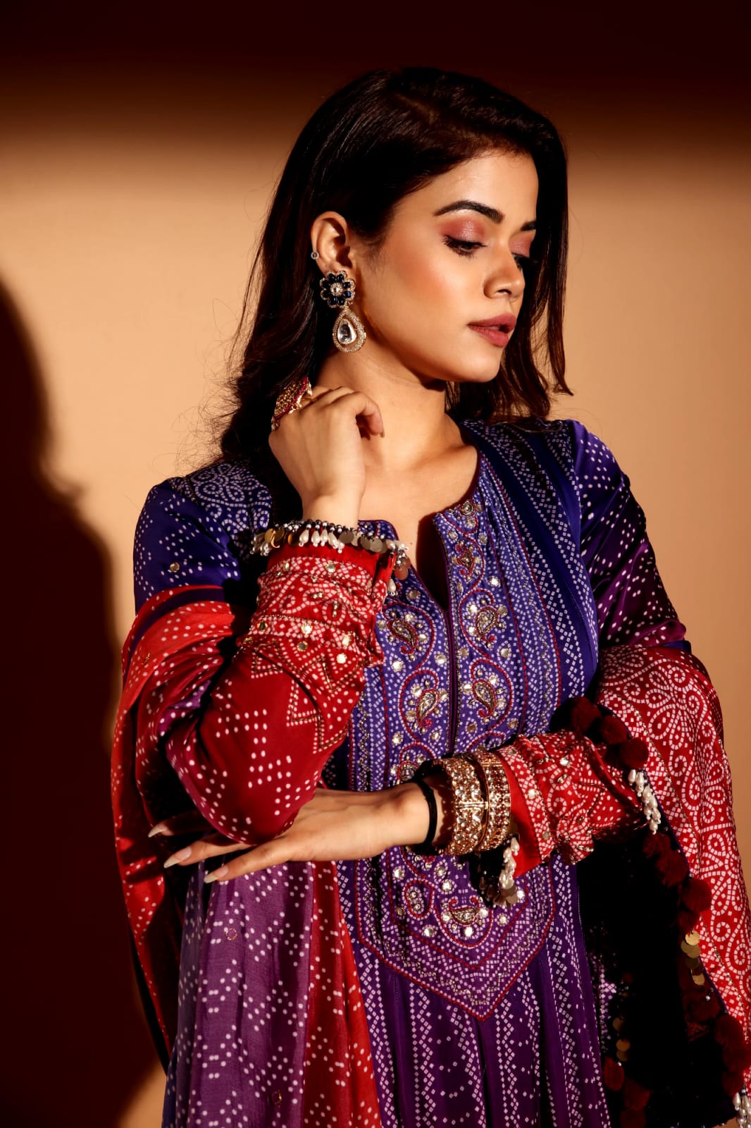 Maroon purple bandhani anarkali set