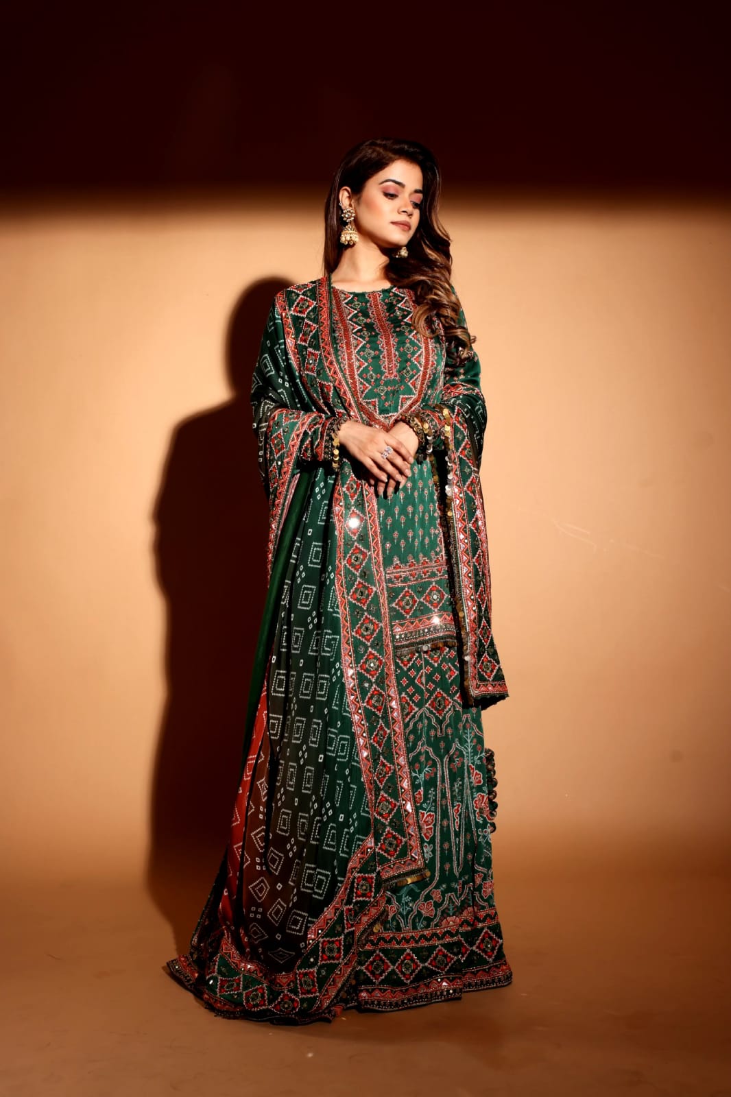 Bottle Green lehenga and long top with dupatta