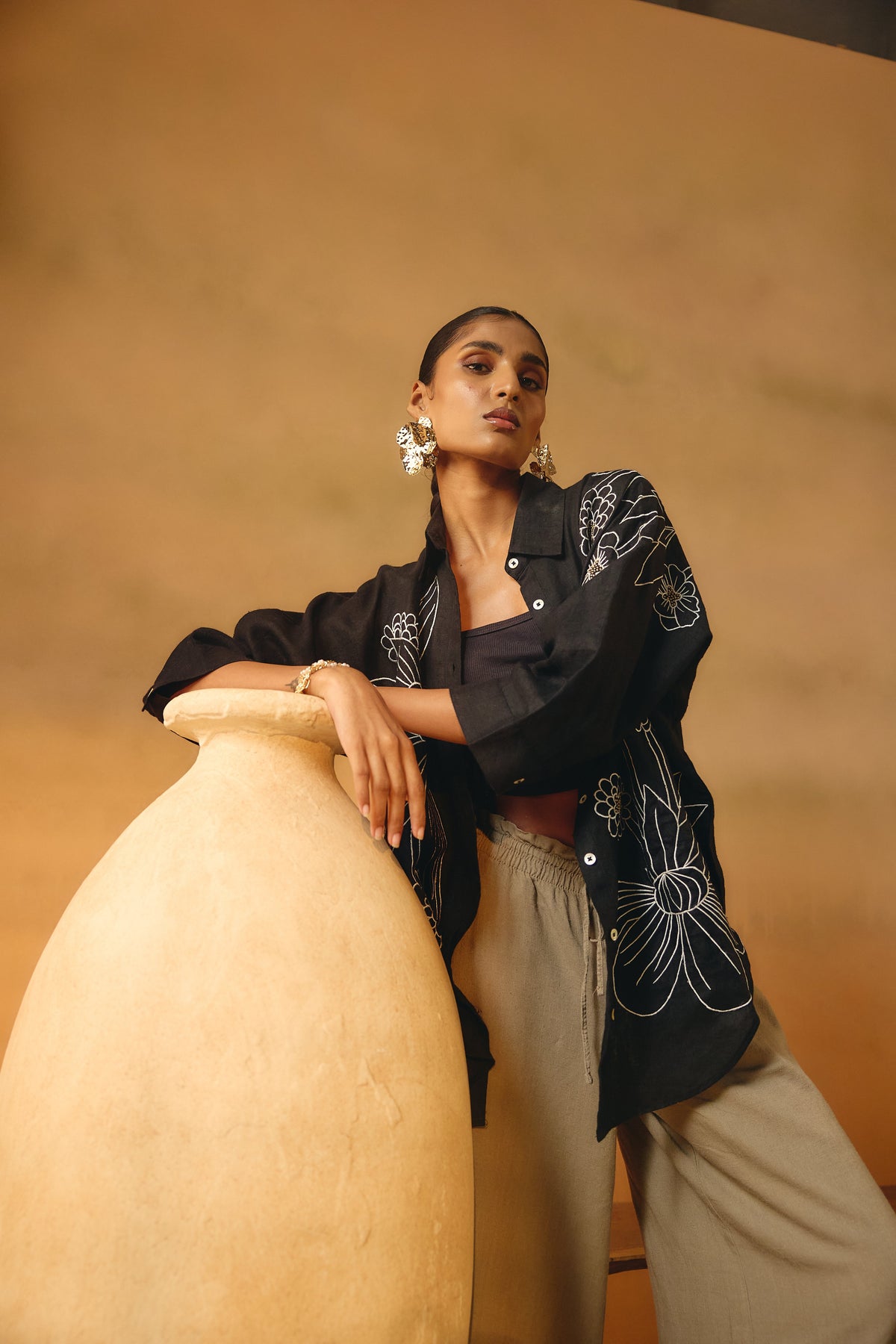 Black Flower Embroidered Big Shirt