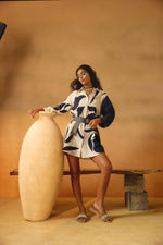 Beige/Navy Long Shirtwith Big Leaf Applique Embroidery