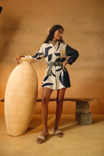 Beige/Navy Long Shirtwith Big Leaf Applique Embroidery