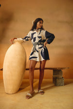 Beige/Navy Long Shirtwith Big Leaf Applique Embroidery