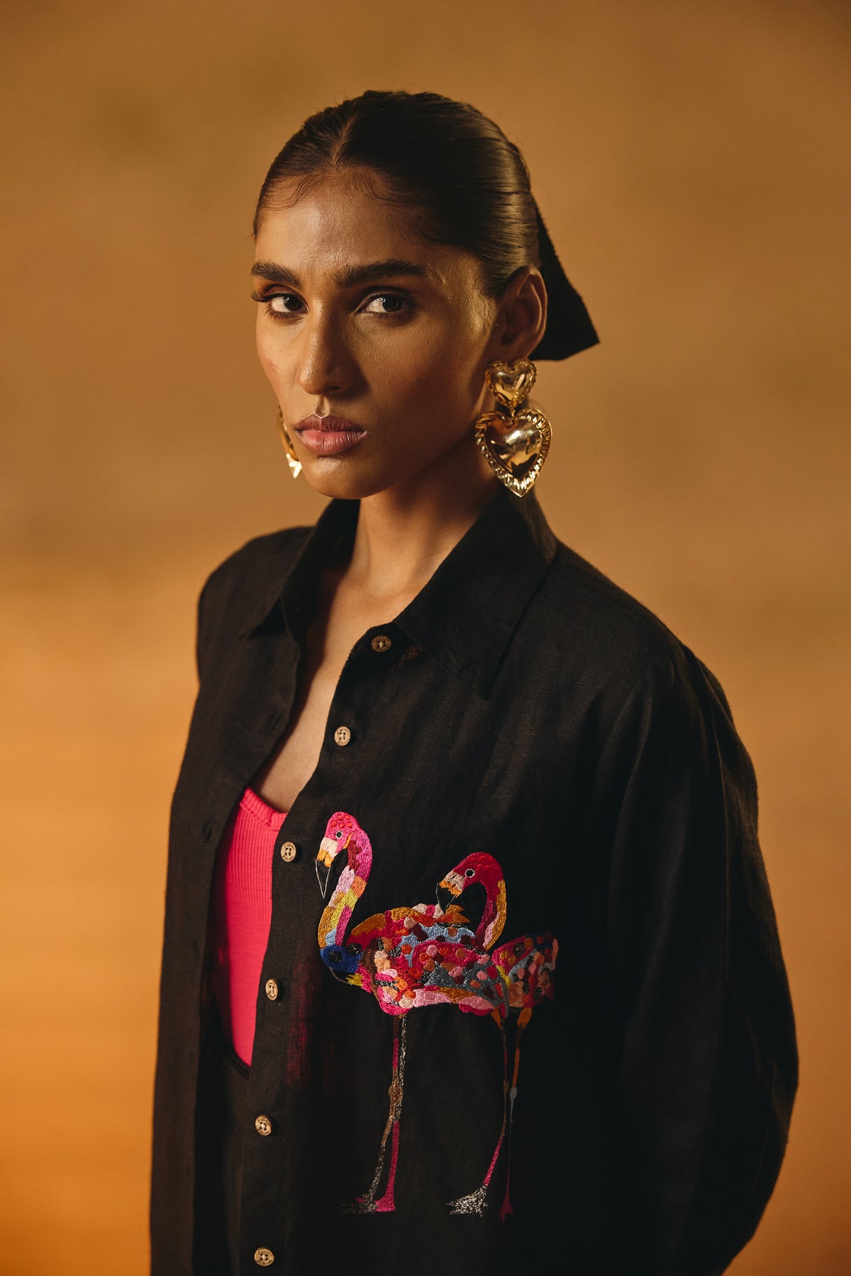 Black Flamingo Embroidered Shirt