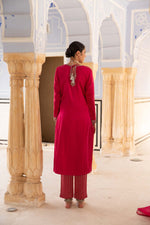 Rani-Pink Hand-Embroidered Handloom Pure Mashru-Silk (Katan Silk & Cotton) Kurta-Pants Set