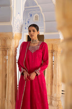 Rani-Pink Hand-Embroidered Handloom Pure Mashru-Silk (Katan Silk & Cotton) Kurta-Pants Set