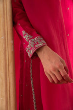 Rani-Pink Hand-Embroidered Handloom Pure Mashru-Silk (Katan Silk & Cotton) Kurta-Pants Set