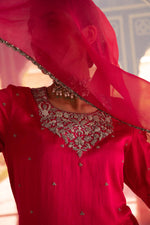 Rani-Pink Hand-Embroidered Handloom Pure Mashru-Silk (Katan Silk & Cotton) Kurta-Pants Set