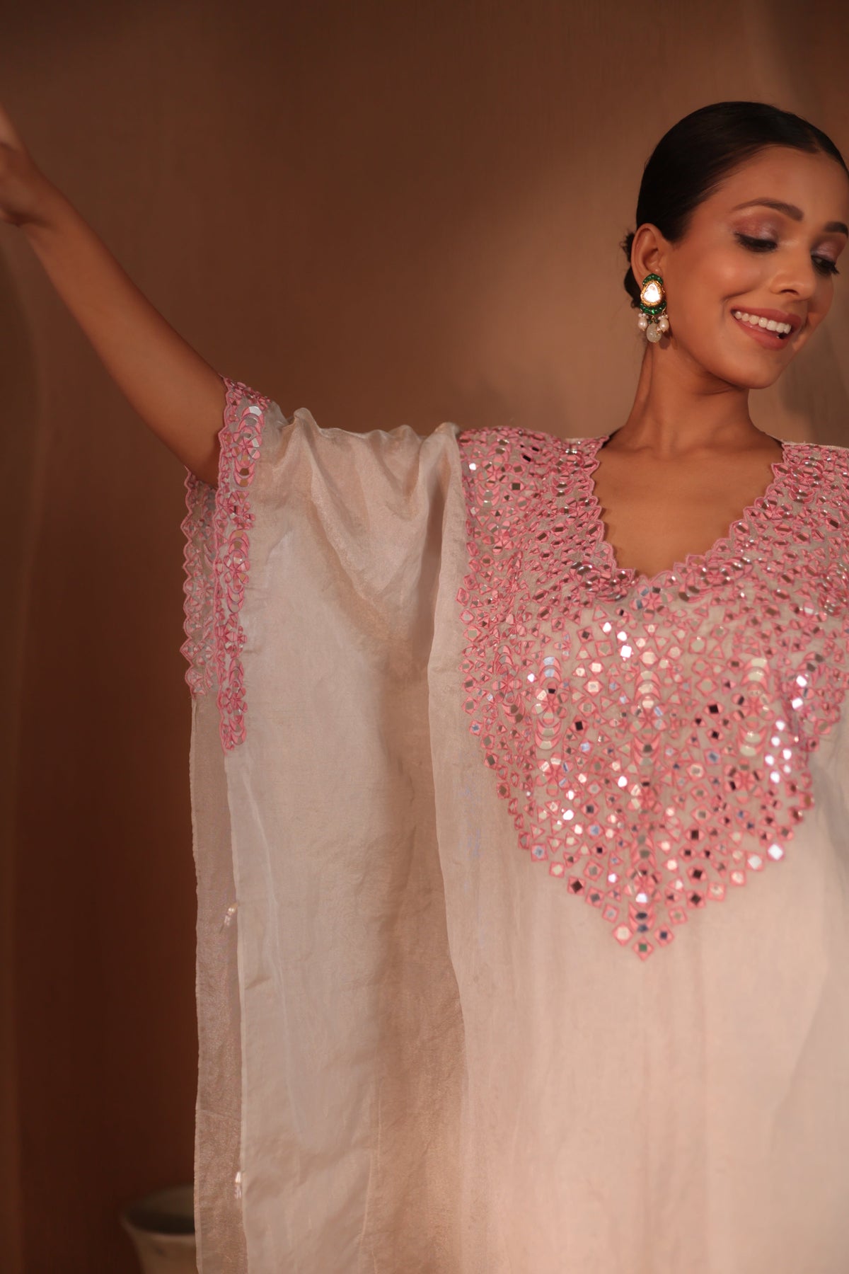 Sona Mirror Silver And Pink Kaftan Set