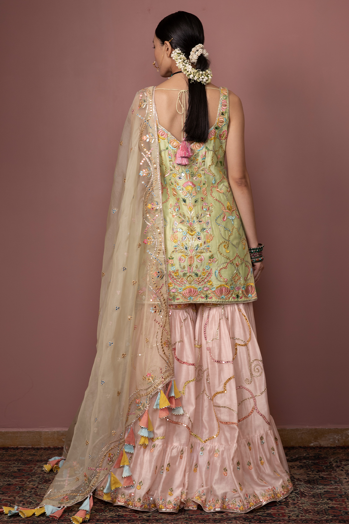 Green Kurta With Peach Gharara