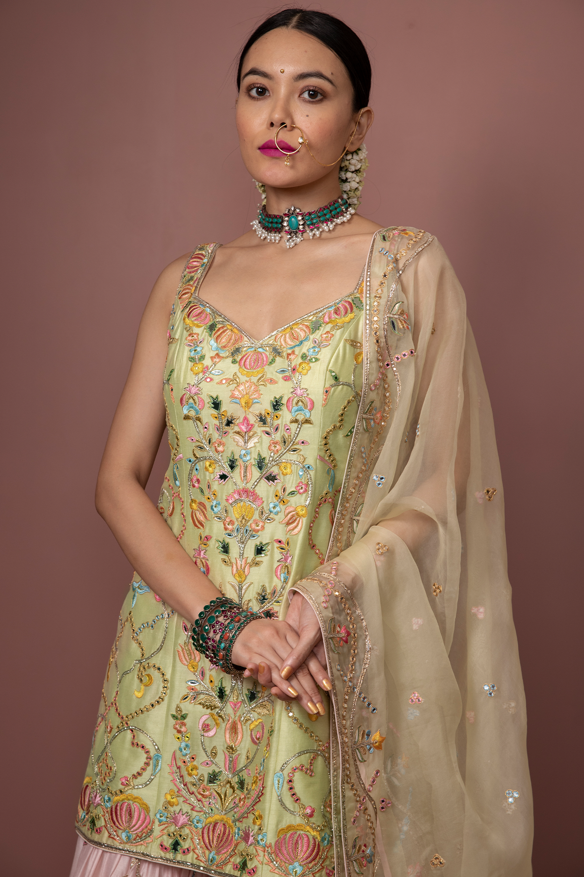 Green Kurta With Peach Gharara