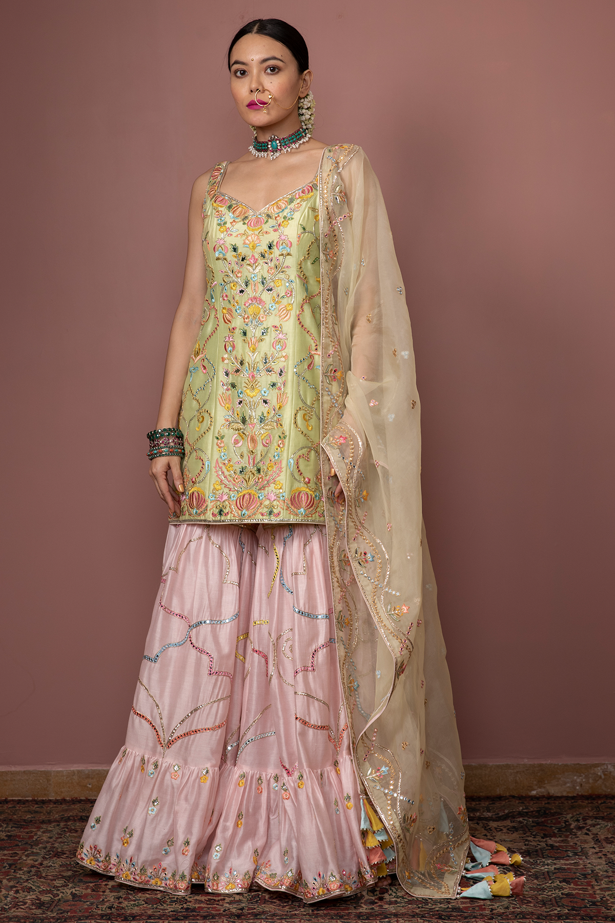 Green Kurta With Peach Gharara
