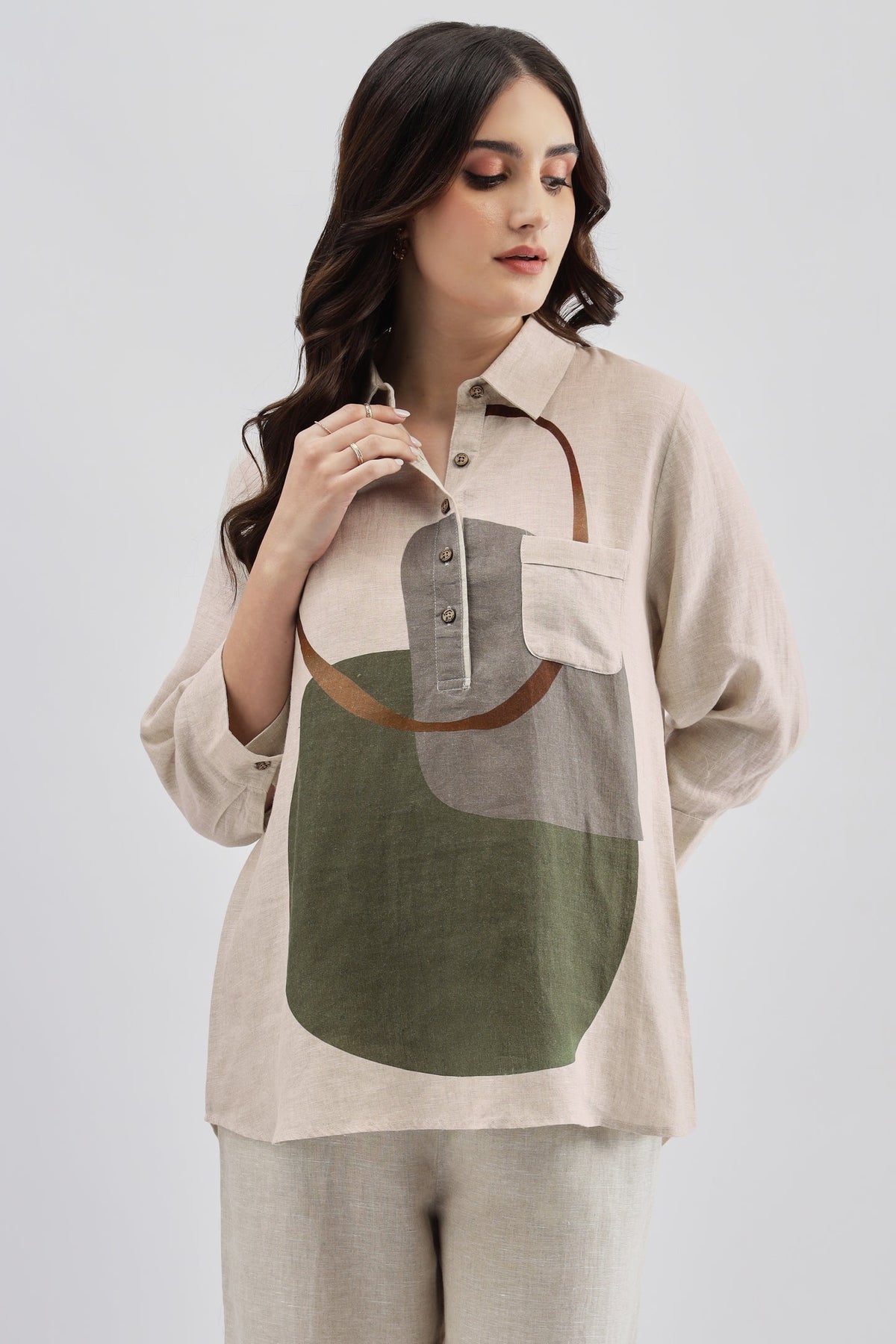 Beige Olive Green Print Shirt