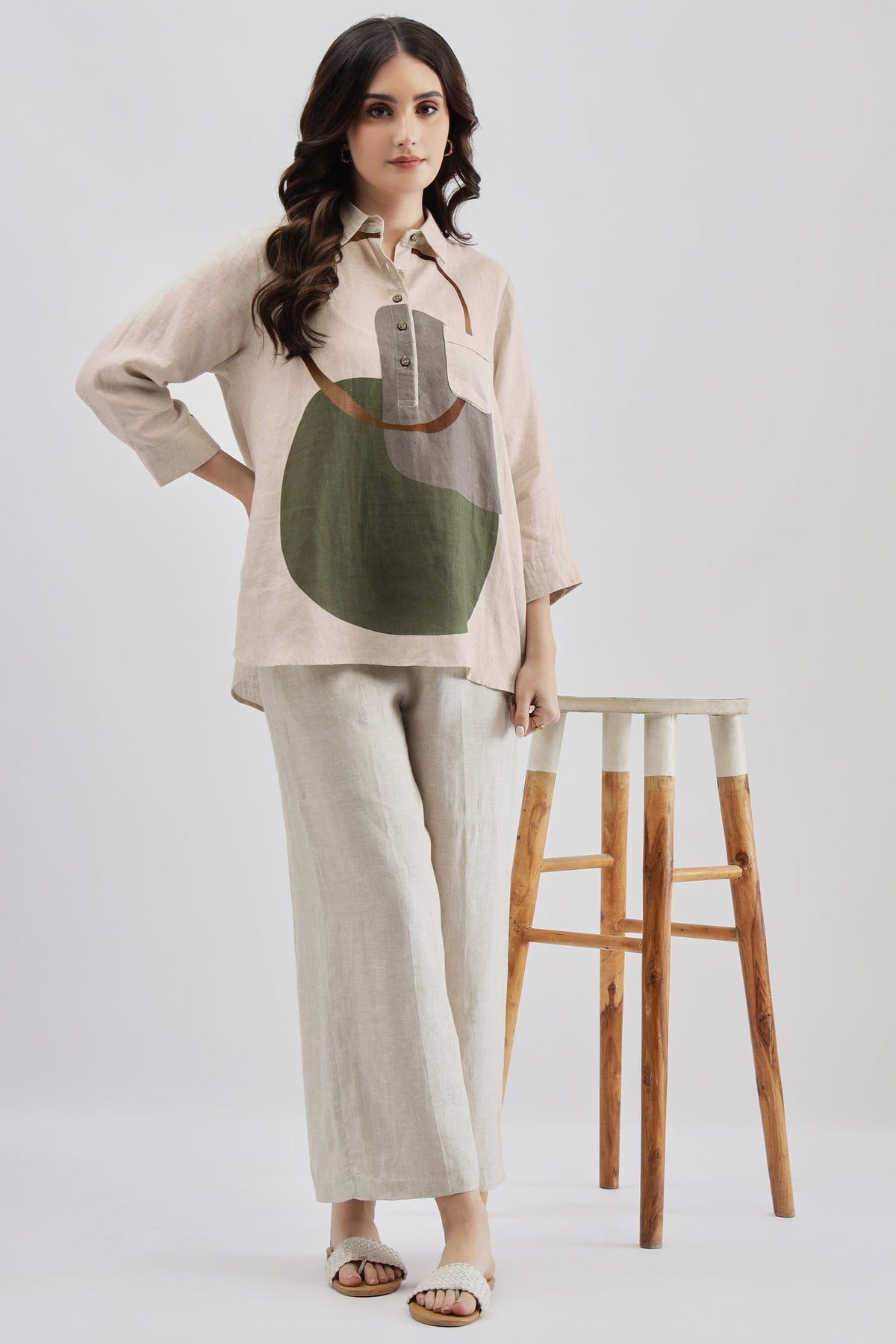 Beige Olive Green Print Shirt