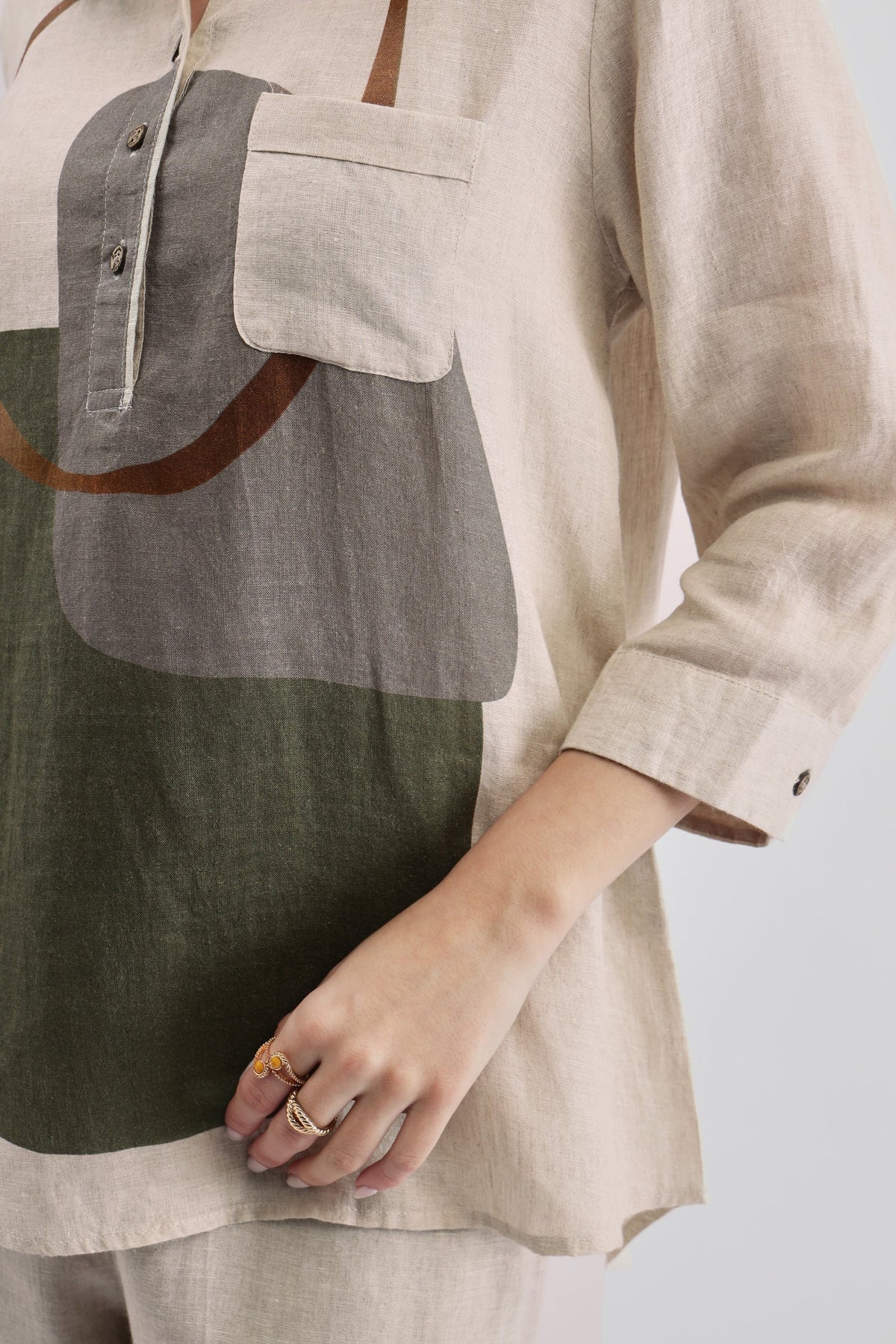 Beige Olive Green Print Shirt